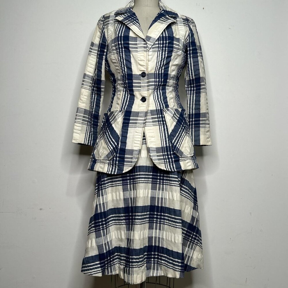 Vintage Ellen Tracy Navy, Cream and White Plaid Seersucker Suit